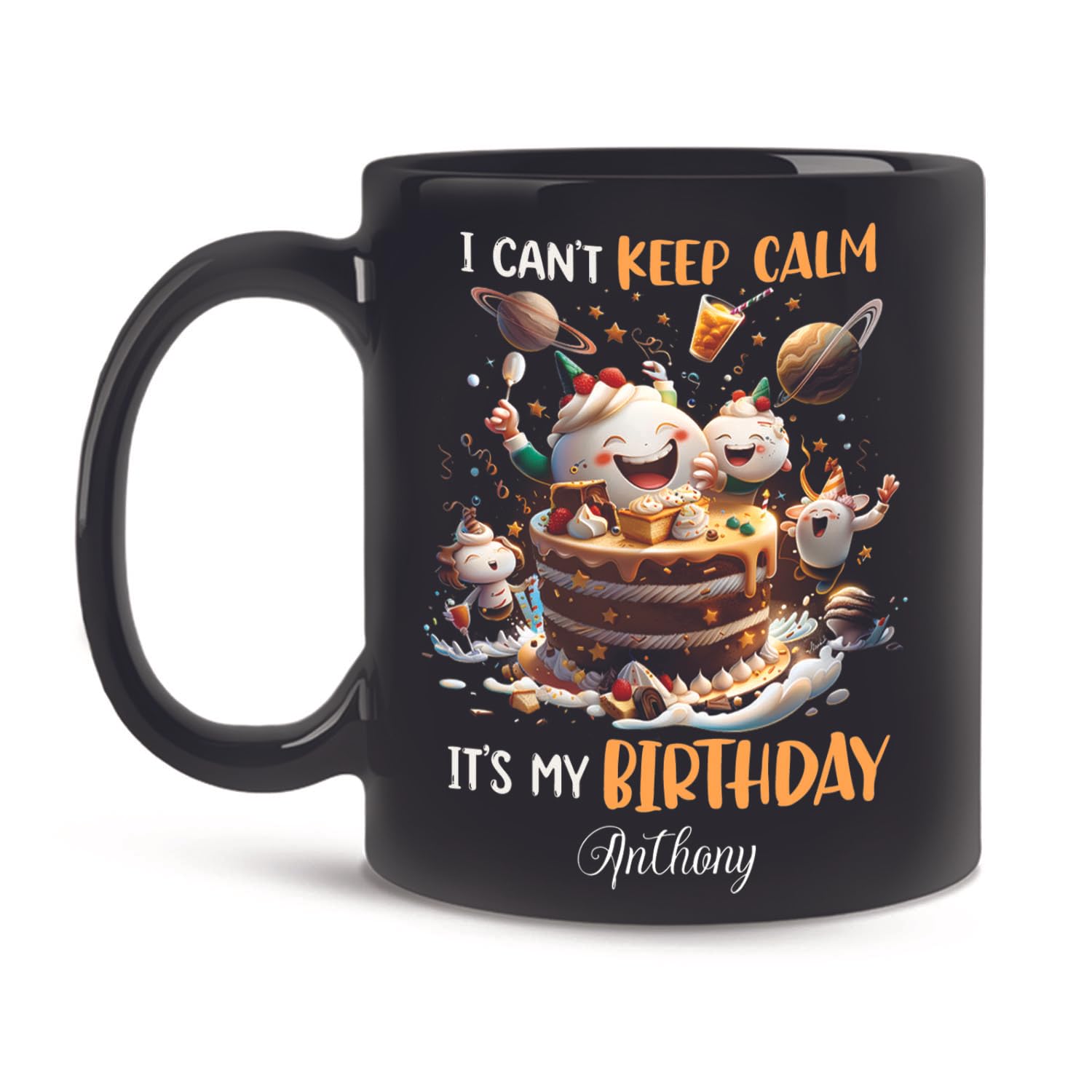 Custom Name Birthday Cake Design Mug, I Can't Keep Calm It's My Birthday Cup, Customized Birthday Themed Ceramic Mug, Personalized Funny Birthday