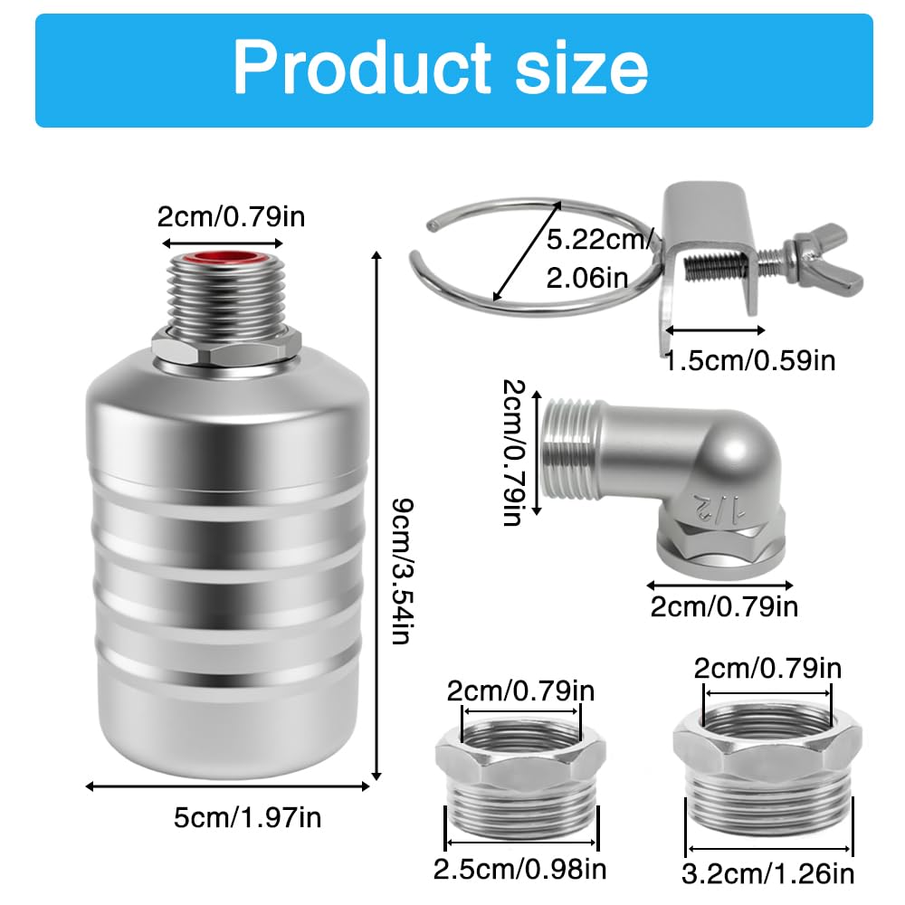 Golgner Robinet flotteur pour réservoir d'eau de piscine, vanne de contrôle automatique du niveau d'eau, en acier inoxydable 304 avec raccord 1/2" - 3/4", pour réservoirs d'eau, bassins à poissons