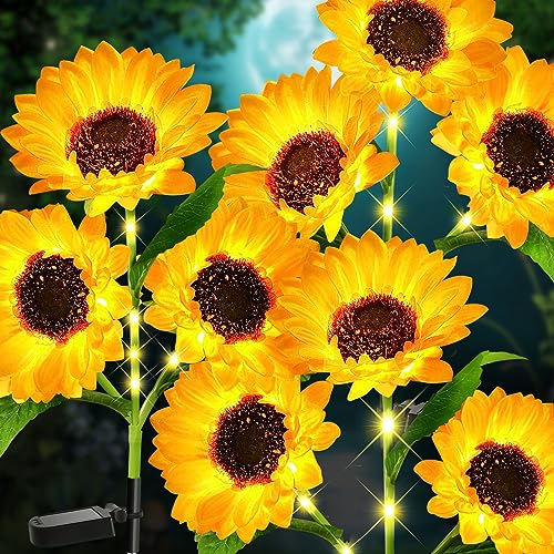 Solar Flowers Lights Outdoor Waterproof, Upgraded 3 Packs Solar Garden Lights with 9 LED Realistic Sunflower Lights, Solar Powered Patio Lights with Auto On Off Switch for Backyard Bed Garden Decor