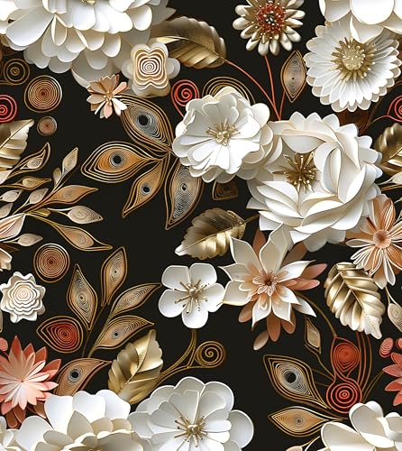 Vintage Wallpaper Peel and Stick Dark Floral Contact Paper 17.5in x 118in White Gold Flower Wallpaper Vinyl Waterproof Self Adhesive Boho Leaf Botanical Wall Paper for Bedroom Cabinet Table Decoration