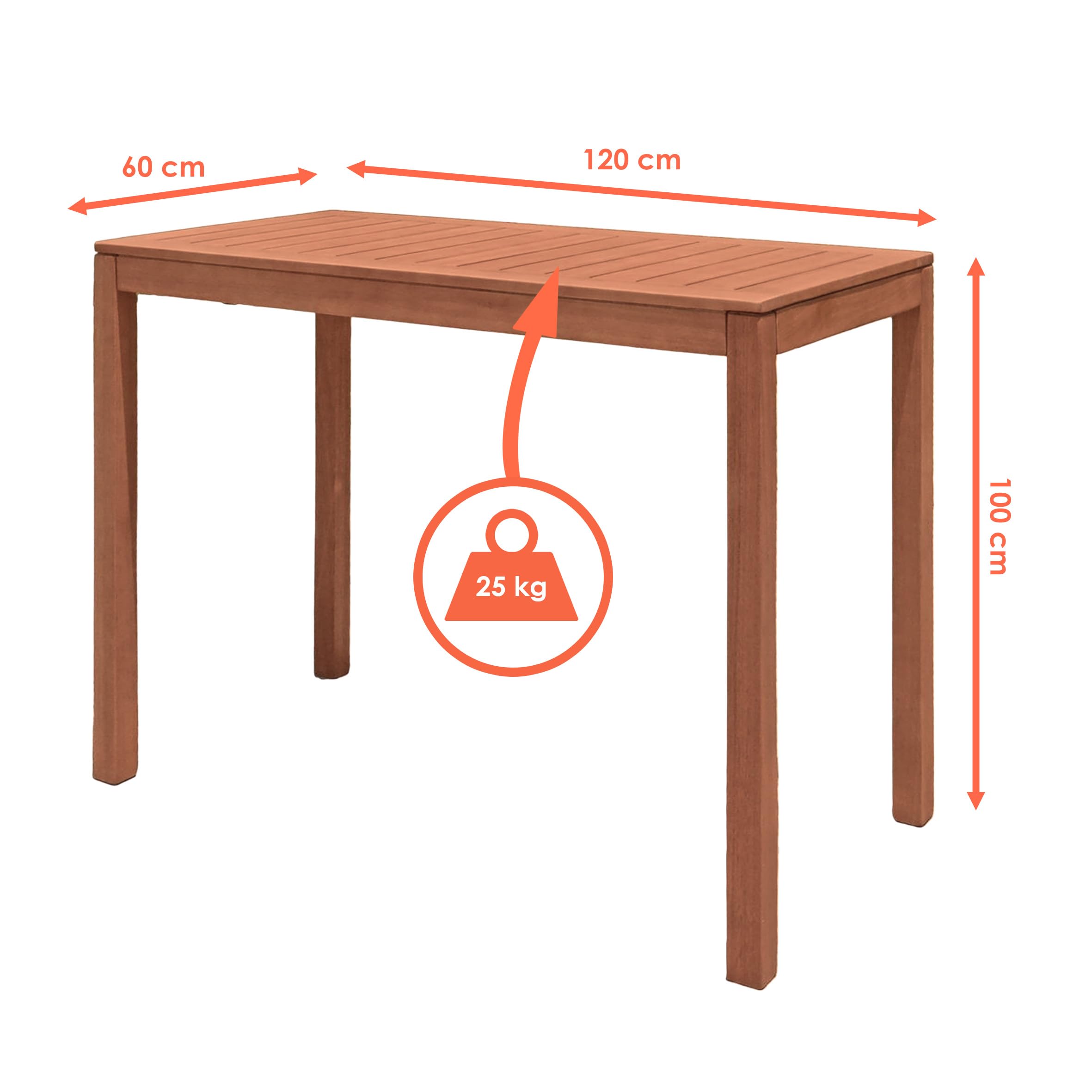 mesa alta de jardín de eucalipto, barnizada, soporta hasta 25 kg, 120 x 60 cm, para exteriores, de madera maciza FSC marrón, bistró, mesa de fiesta, rectangular