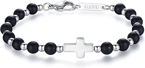 GAVU Men's Cross Bracelet with Opaque Onyx Natural Stone Beads and Stainless Steel