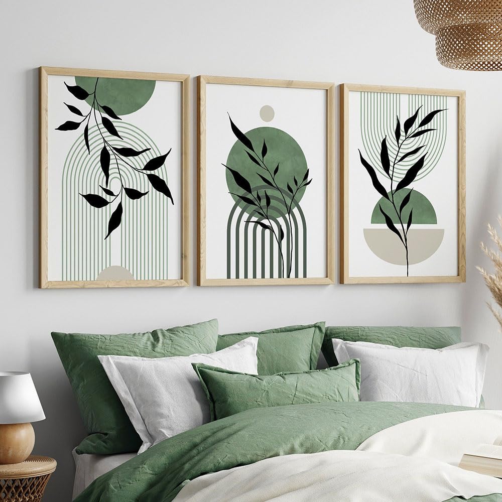 WBYZAC Botanical Posters-Boho Green Beige Geometric Leaves Abstract Posters Wall Art Canvas Painting Prints Pictures Modern Living Room Kitchen Interior Decor-60 * 80cm*3PCS (No Frame)