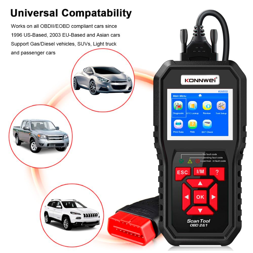KONNWEI KW850 OBD2 Diagnosegerät, OBDII/EOBD Diagnose Fehlerspeicher Auslesen, mit Vollständigen OBD2 Funktionen, Universal Fehlercode Auslesegerät,Kompatibel mit Allen Fahrzeugen nach 2002 (Schwarz)