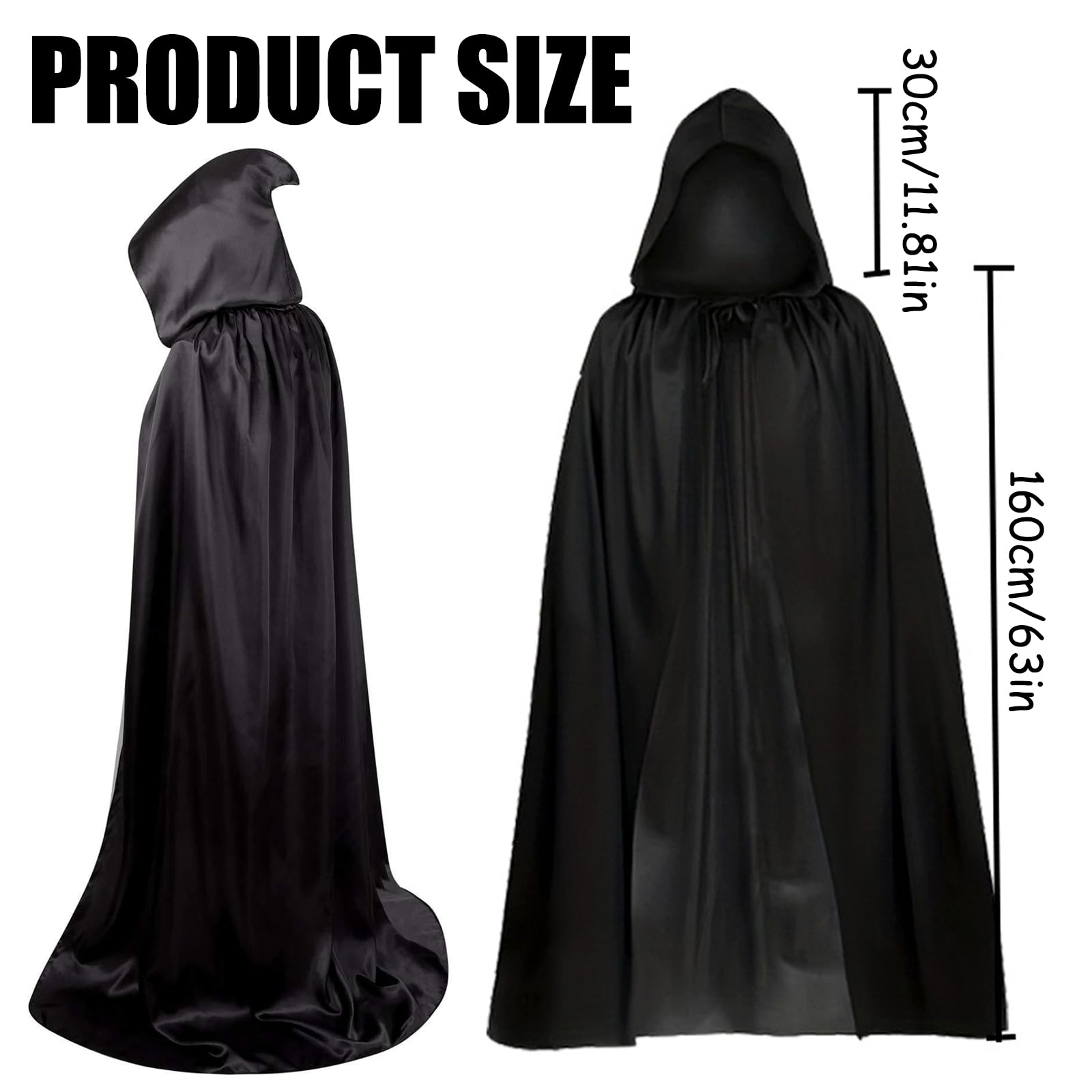GIEEU Unisex Long Black Hooded Cape 160CM, Adult Hooded Cape Vampire Cape Witch Cloak - Image 4