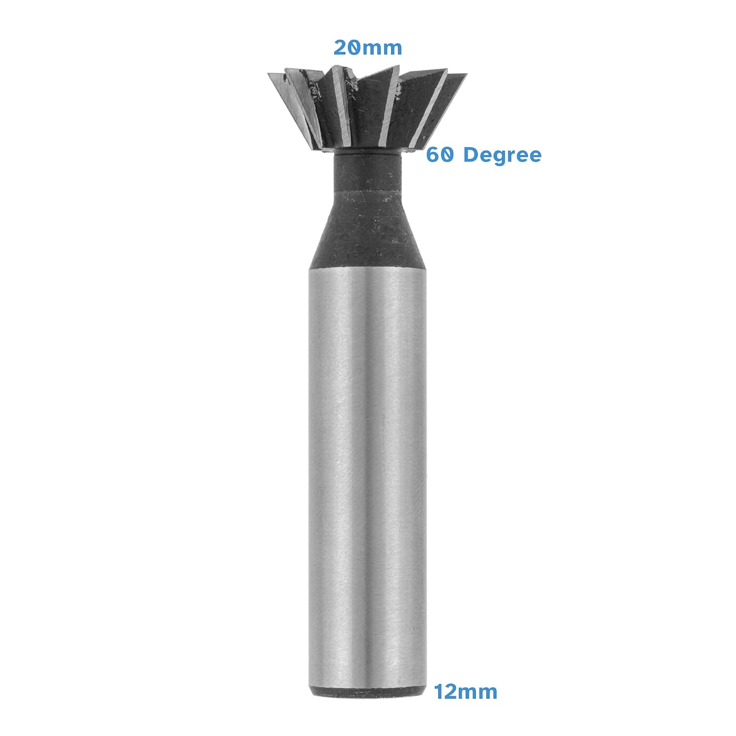 Standard HSS 60 Degree Dovetail Cutter - 20mm Cutting Diameter, 12mm Shank, 10 Flutes - Woodworking Joinery CNC Milling Router Bit