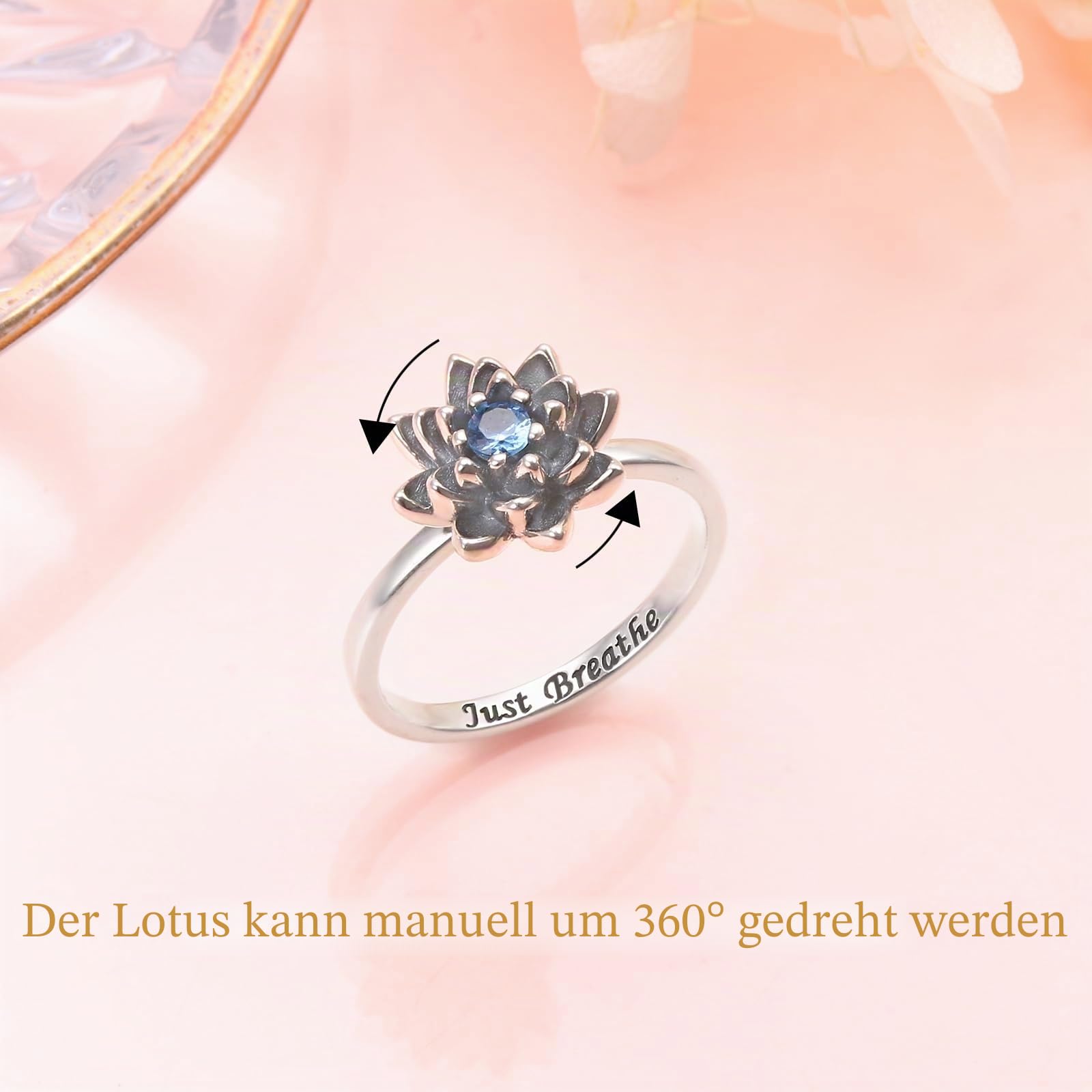 Flyow Just Breathe Lotus Spinner Ring für Damen 925 Sterling Silber Oxidation Blume Fidget Ringe für Angst Stress Relieving ADHD Autismus Ringe Yoga Geschenke Inspirational Band Ring