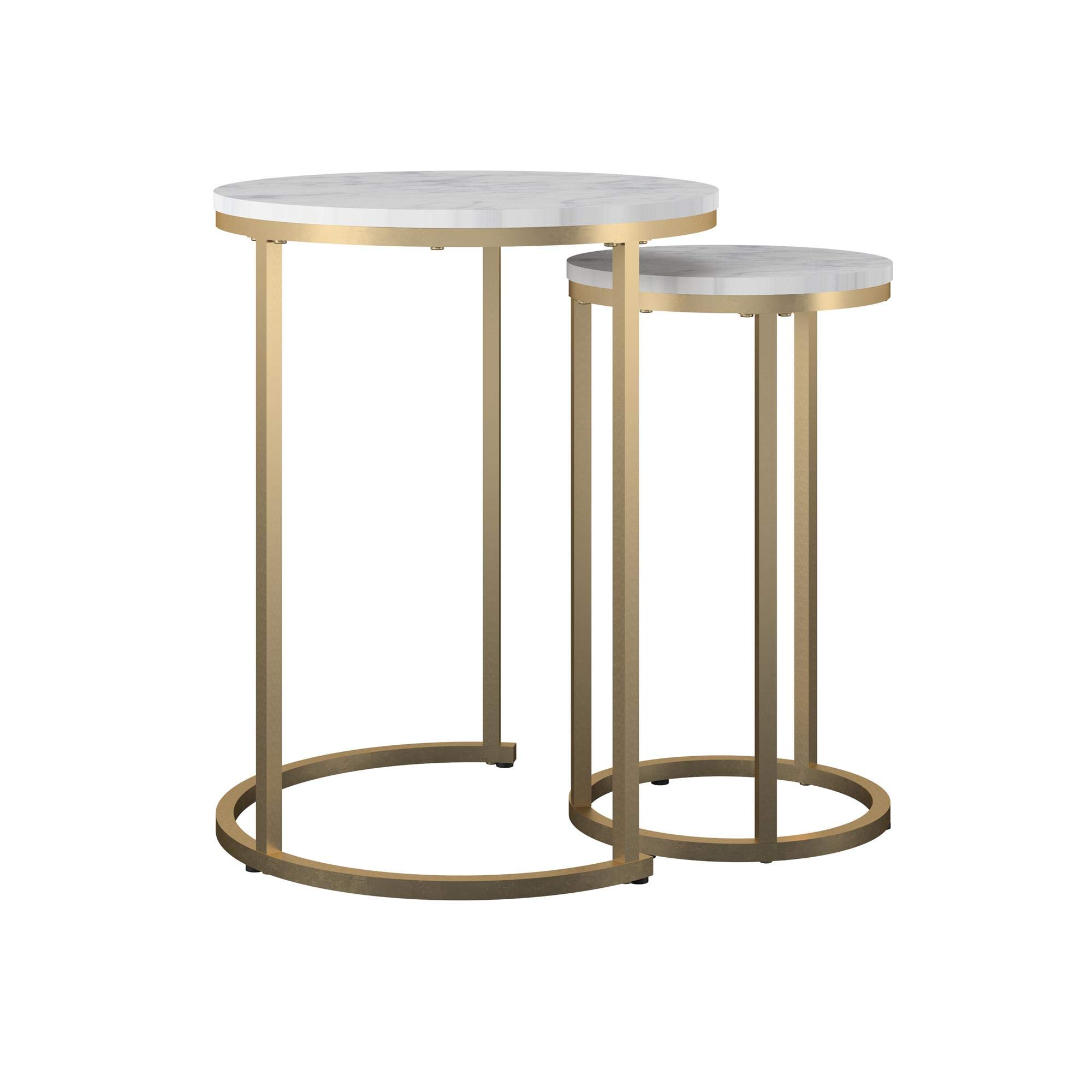 Nesting Tables in White Marble Look and Golden Frame, 45x45x57cm (DxWxH)