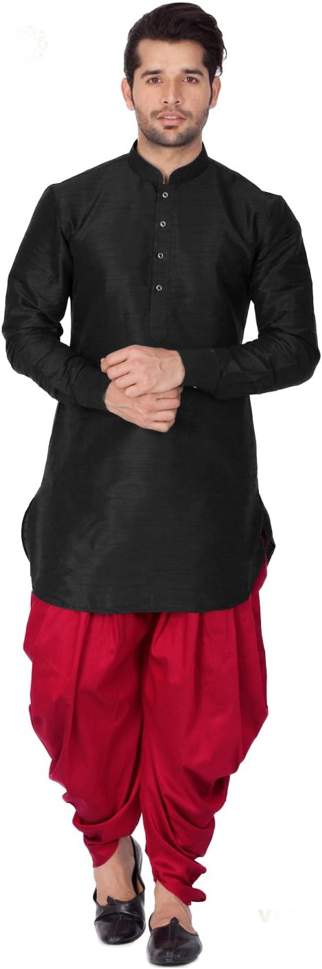 VASTRAMAY VM Mens Silk Blend Kurta And Dhoti Set - Classic Ethnic Attire| Curved Shape Pathani Style Men's Mid Length Full Sleeves Mandarin Collar Kurta With Cowl Style Patiala Dhoti Pant Set