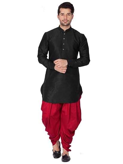 Mens Silk Blend Kurta And Dhoti Set - Classic Ethnic Attire| Curved Shape Pathani Style Men's Mid Length Full Sleeves Mandarin Collar Kurta With Cowl Style Patiala Dhoti Pant Set