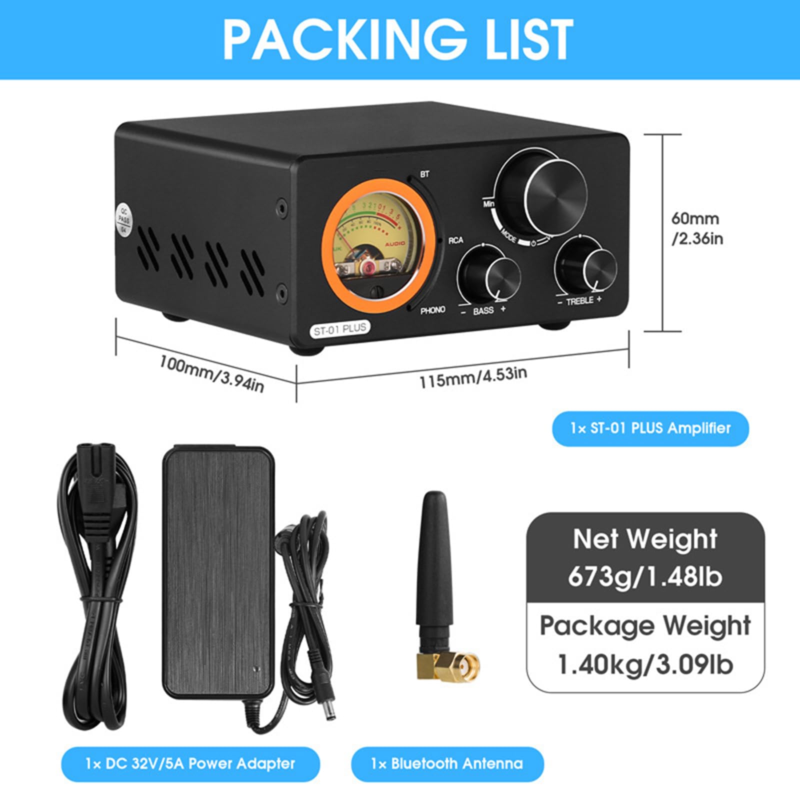 Amplificatore Stereo Bluetooth, Amplificatore Phono per Giradischi, con Misuratore VU, Controllo Alti Bassi, Ingresso Bluetooth/Stereo RCA/3,5 Mm, per Altoparlanti Home Theater