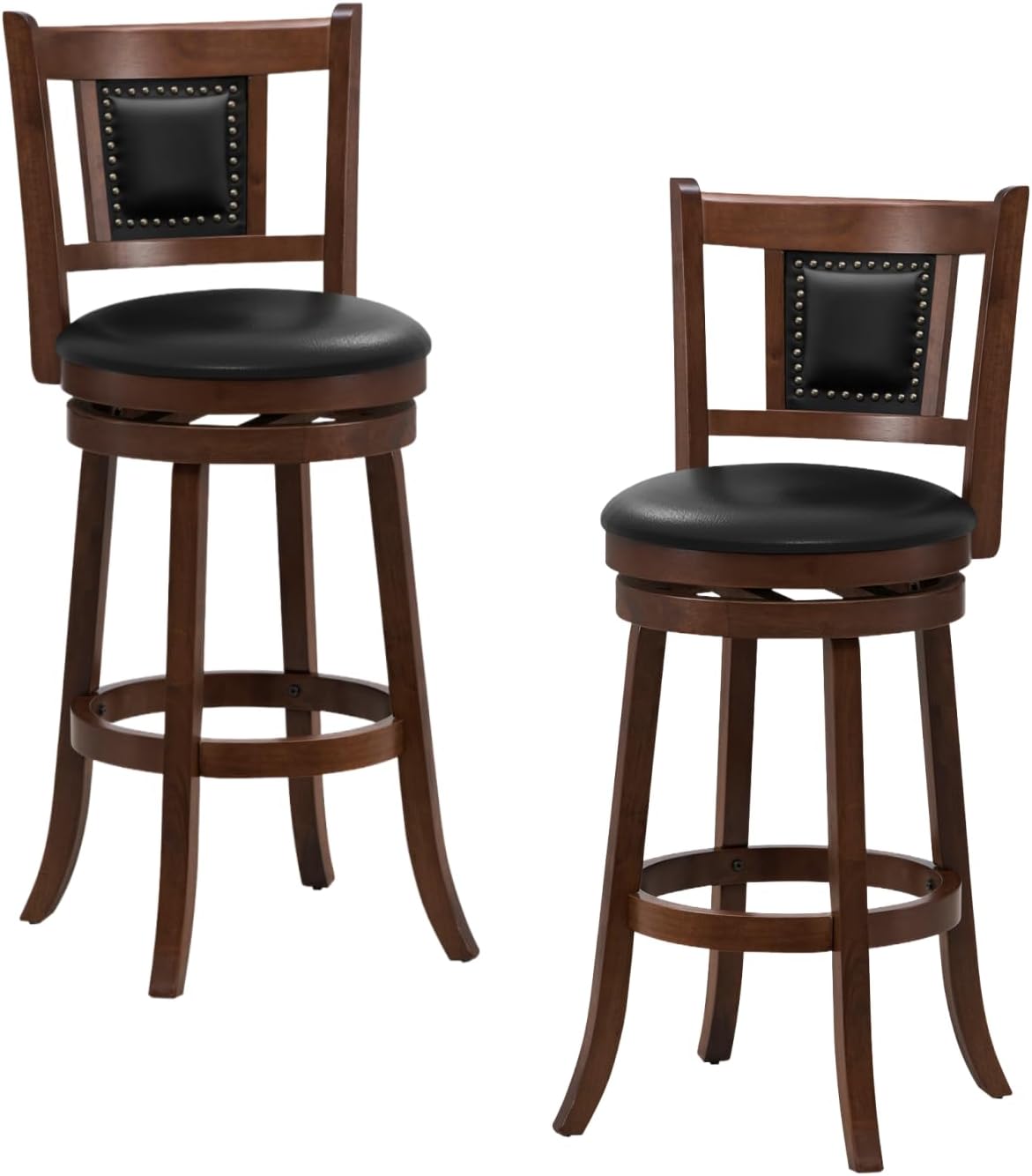 ERGOMASTER Set of 2 Swivel Bar Stools 30.5 Inch Height - 360° Rotating PU Leather Counter Stools with Backrest & Footrest, Brown Tobacco Wood Kitchen Island Stools, 250 lbs Capacity