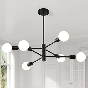 HHR Black Sputnik Ceiling Light 6-Light Modern Chandelier with Adjustable Height Mid Century Ceiling Lighting Fixture for Dining