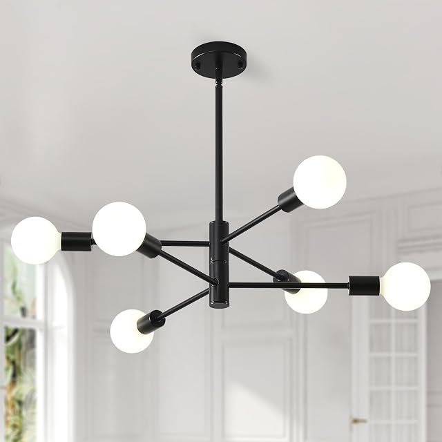 HHR Black Sputnik Ceiling Light 6-Light Modern Chandelier with Adjustable Height Mid Century Ceiling Lighting Fixture for Dining