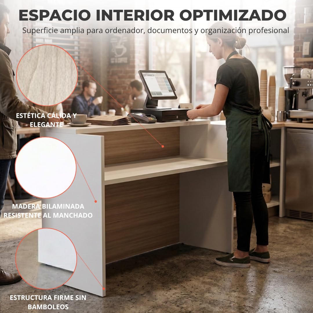 Mostrador Recepcion Profesional | Mostradores para Tiendas de Madera 25MM Grosor | Mesas para Recepción de Oficina, Peluqieria | Mueble Recepcion con Estanteria (Acacia, 120x105x50)