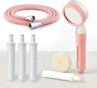 Barumi Pluo Handheld Filtered Showerhead Set (1 Vitamin C & Sediment Filter Included) with PVC Hose, 3-pack Sediment Filters - Pink