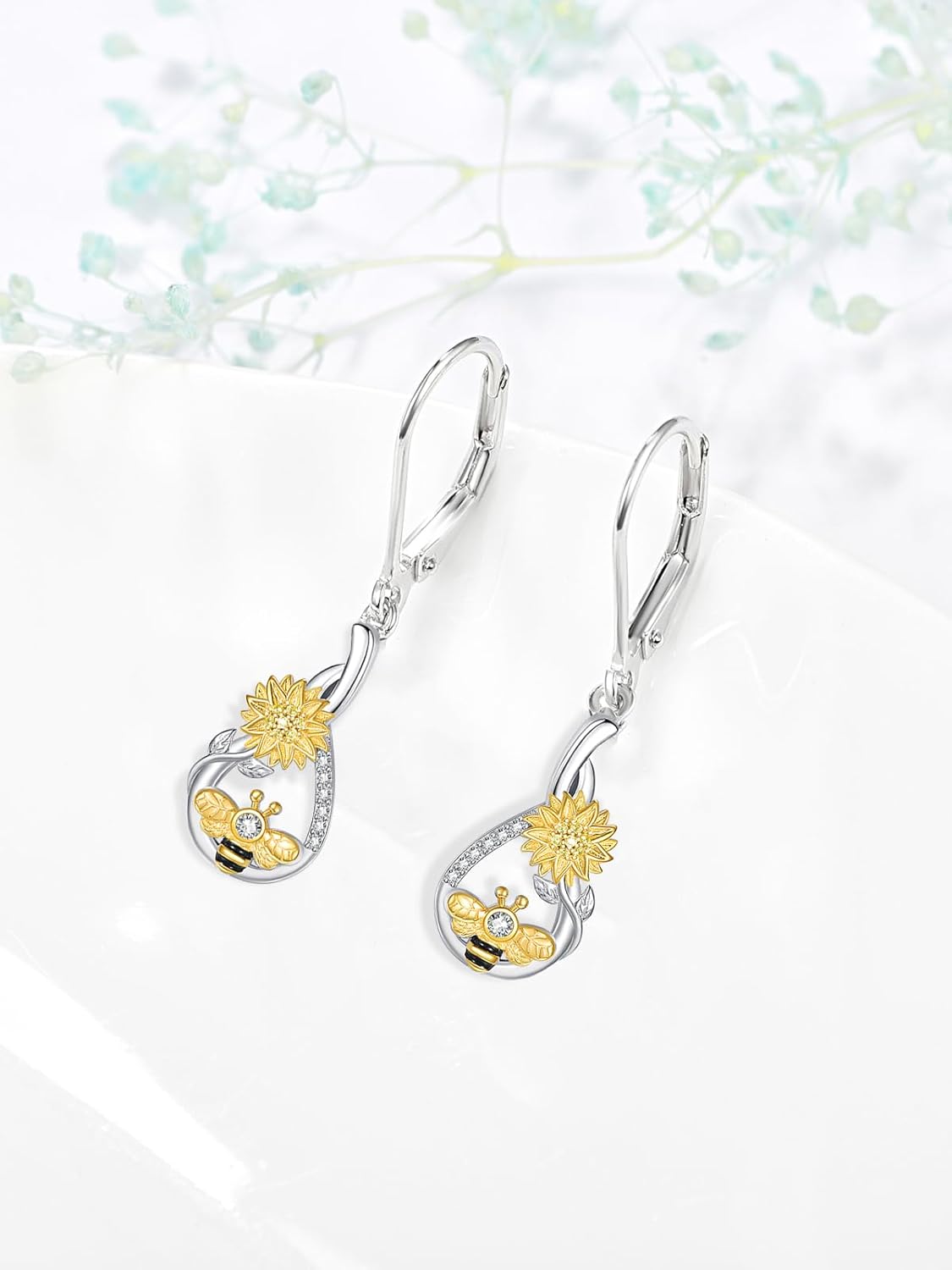 Bee Sunflower Dangle Drop Earrings for Women 925 Sterling Silver Bumble Bees Jewelry Gifts
