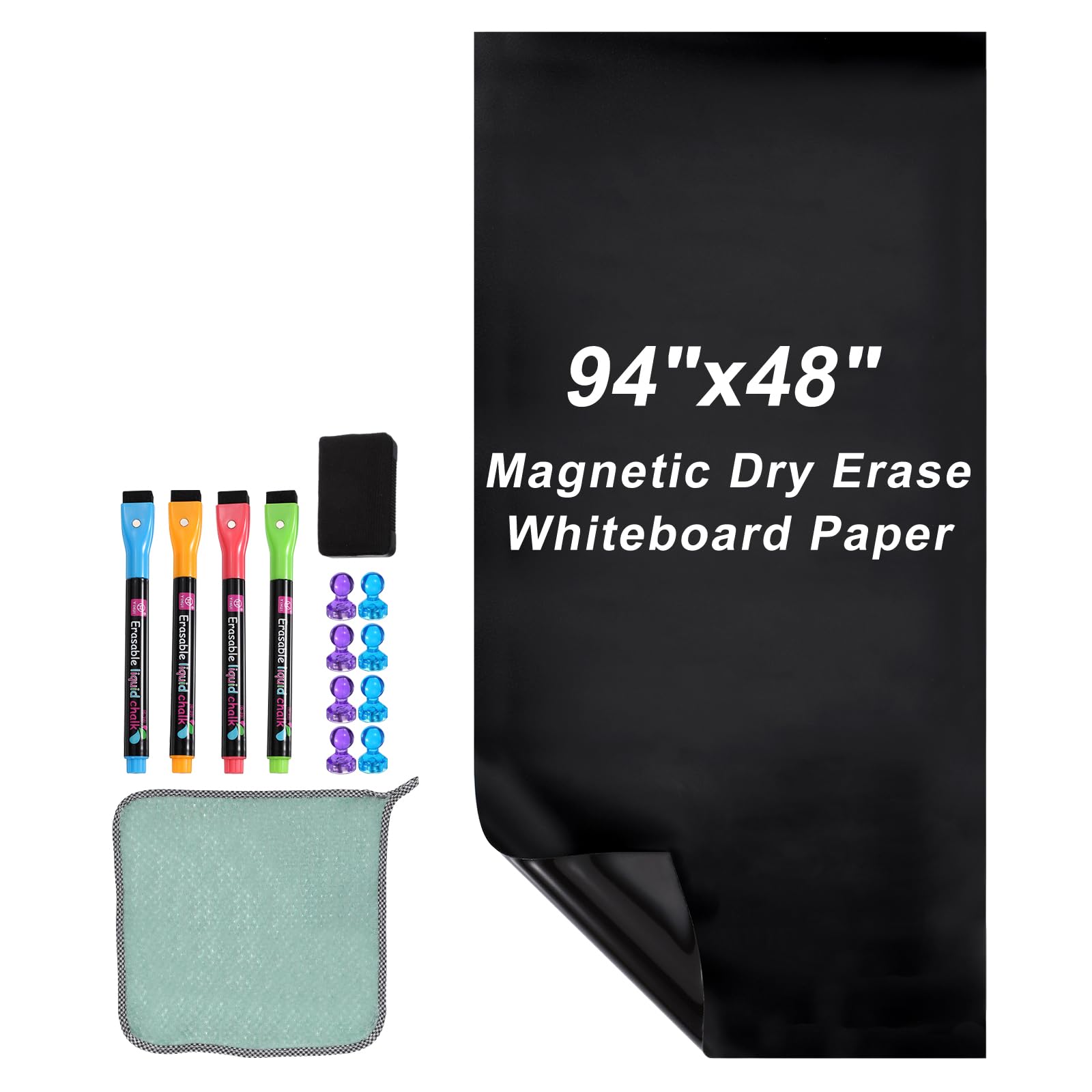PATIKIL Magnetic Dry Erase Whiteboard Paper, 48"x94" Self Adhesive Black Board Stickers for Wall Blackboard Contact Paper Sheet with Marker, Magnetic Eraser and Magnets, Black