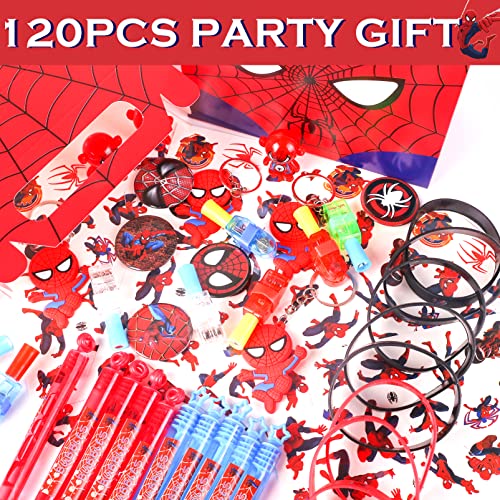 Spider Birthday Party Favors For Kids - 120 Pcs Bubble Wands, Finger Lights, Tumblers, Keychains, Goodie Bags, Wristbands, Stickers, Button Badges Christmas Hero Supplies For Boys Girls Gifts #TOP5