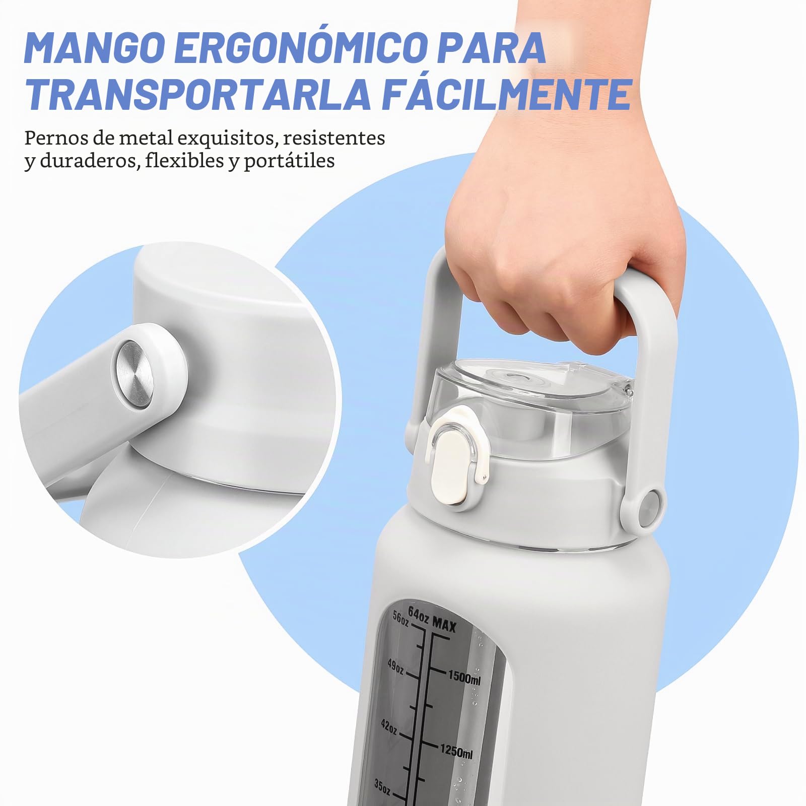 Botella de agua de 2L de vidrio con 2 tapas, tapas abatibles y de sorbos, jarra grande de 2 litros con marcador de tiempo y funda de silicona, libre de BPA, a prueba de fugas para deportes