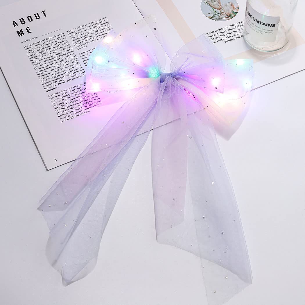 JEAIRTS Light Up Hair Bow Glowing Led Rainbow Tulle Bows for Women (Pack of 2)