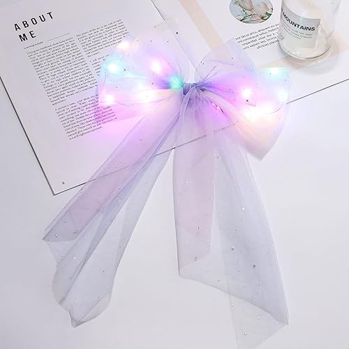 Miniatura 3 de Jeairts Clip de lazo LED, velo de arco iris brillante, pieza de pelo de boda, pasador colorido lazo de tul con clips, accesorios para el cabello de