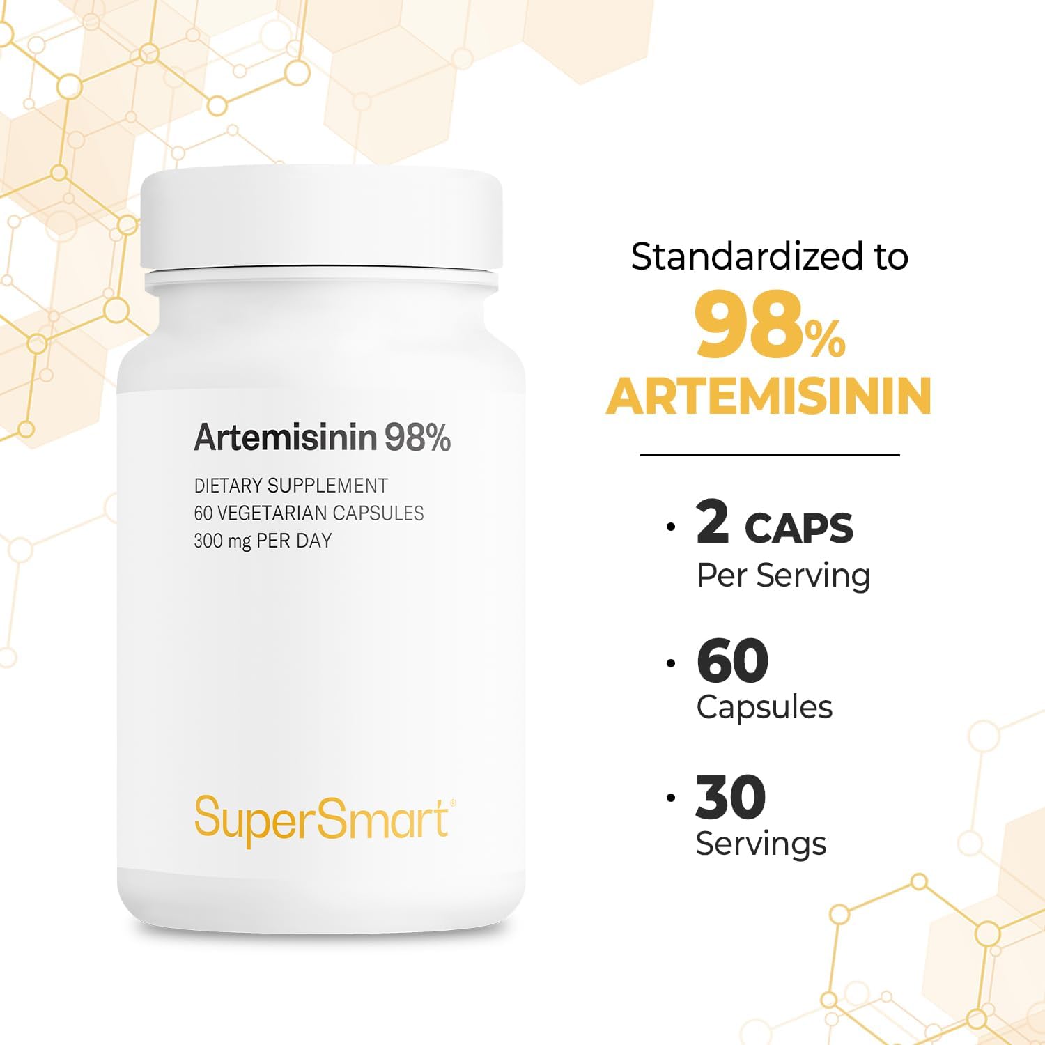 Supersmart Artemisinin Supplement 300mg per Day (High Strength 98%) - Sweet Wormwood Artemisia Annua Extract | Non-GMO & Gluten Free - 60 Vegetarian Capsules