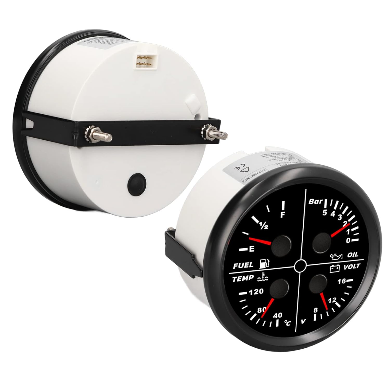 Universal 85mm 4 in 1 Multi Function Gauge, IP67 Multifunctional Gauge Oil Pressure Fuel Level Water Temp Voltage Meter with Red Backlight, 8-16V Voltmeter for RV Yacht Ship