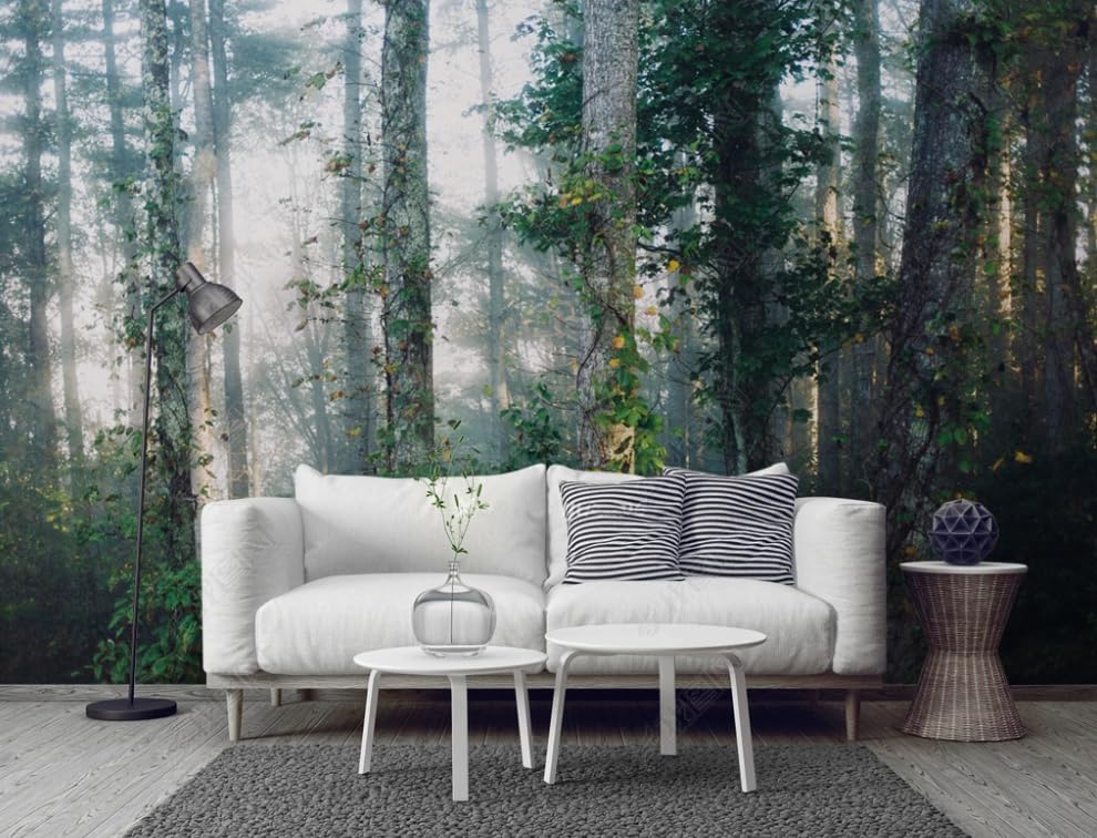 Papier peint intissé forêt brumeuse pour agrandir visuellement un salon ou une chambre sombre