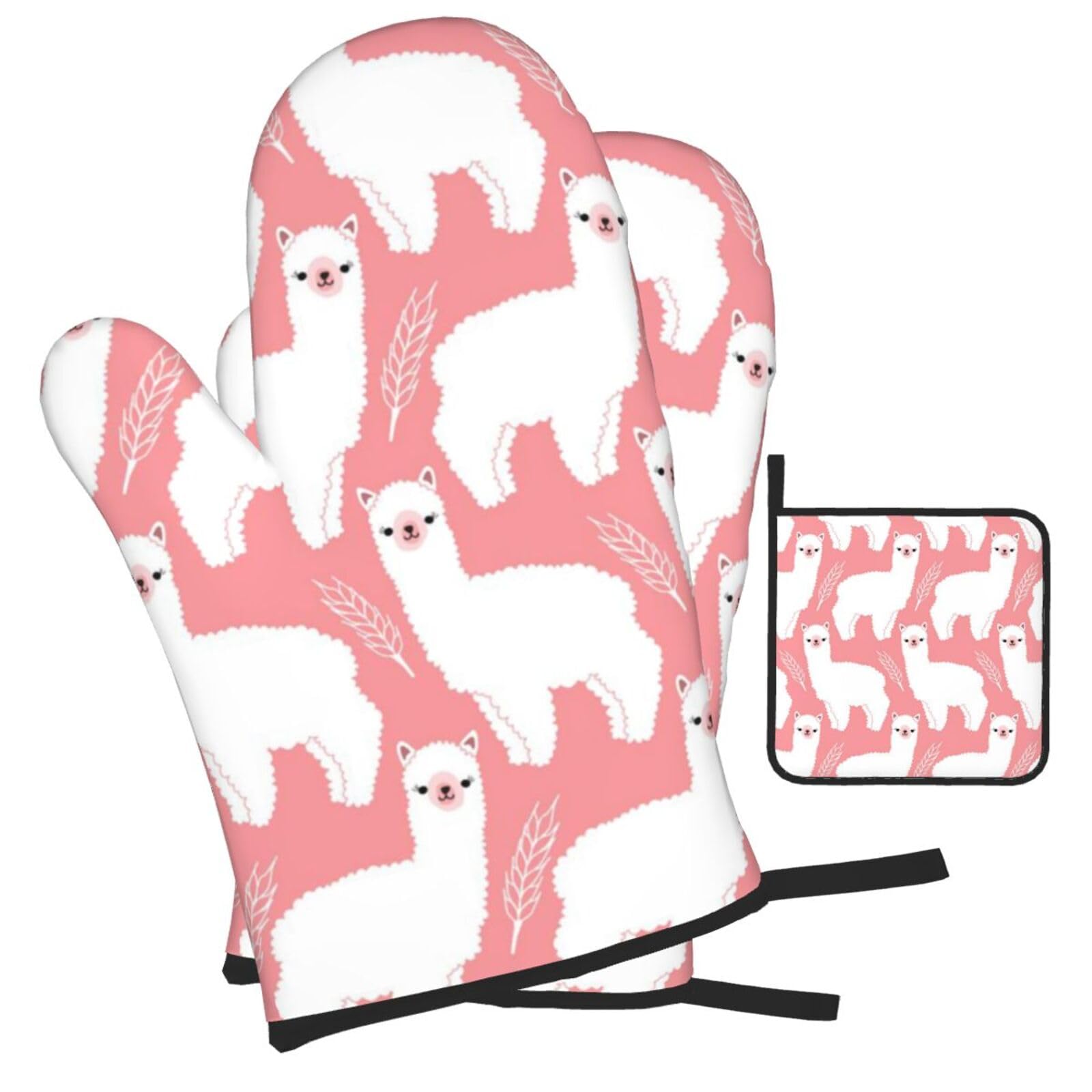 Alpaca Llama Printed Oven Mitts and Pot Holders Heat Resistant Set of 3 Pcs, Modern Kitchen Gloves & Potholders for Cooking Baking Grilling