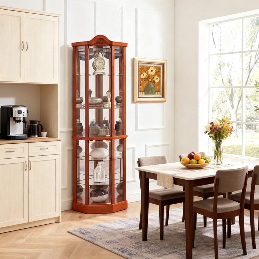 Oak Corner Curio Display Cabinet, Lighted with Glass Shelves, Carved Decoration, for Wine/Bar, Bulb Included