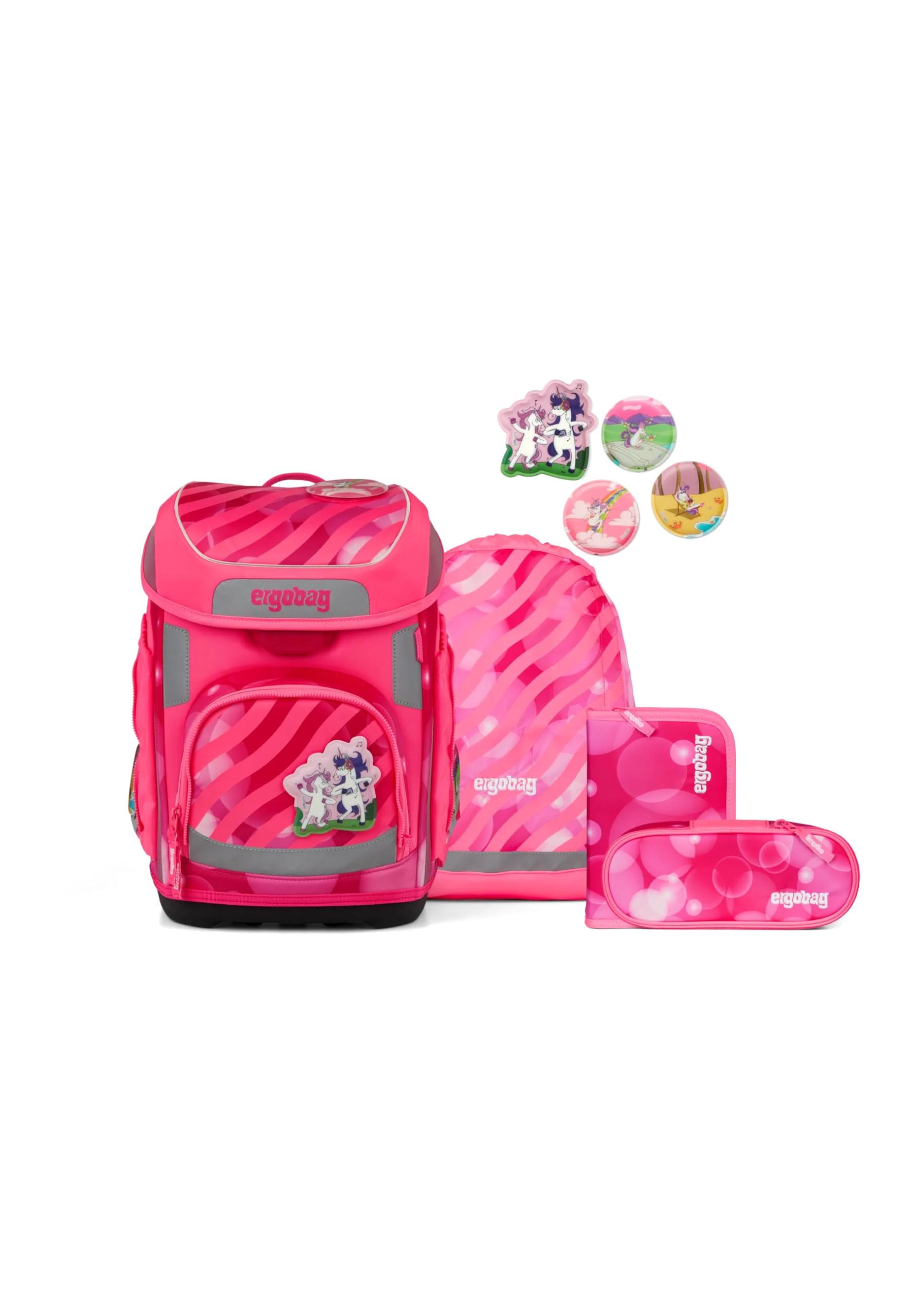 ergobag Cubo Set Mochila Escolar ergonómica clásica, Set de 5 Piezas para Primer Curso de Primaria WonBearful Unicorn - Fucsia