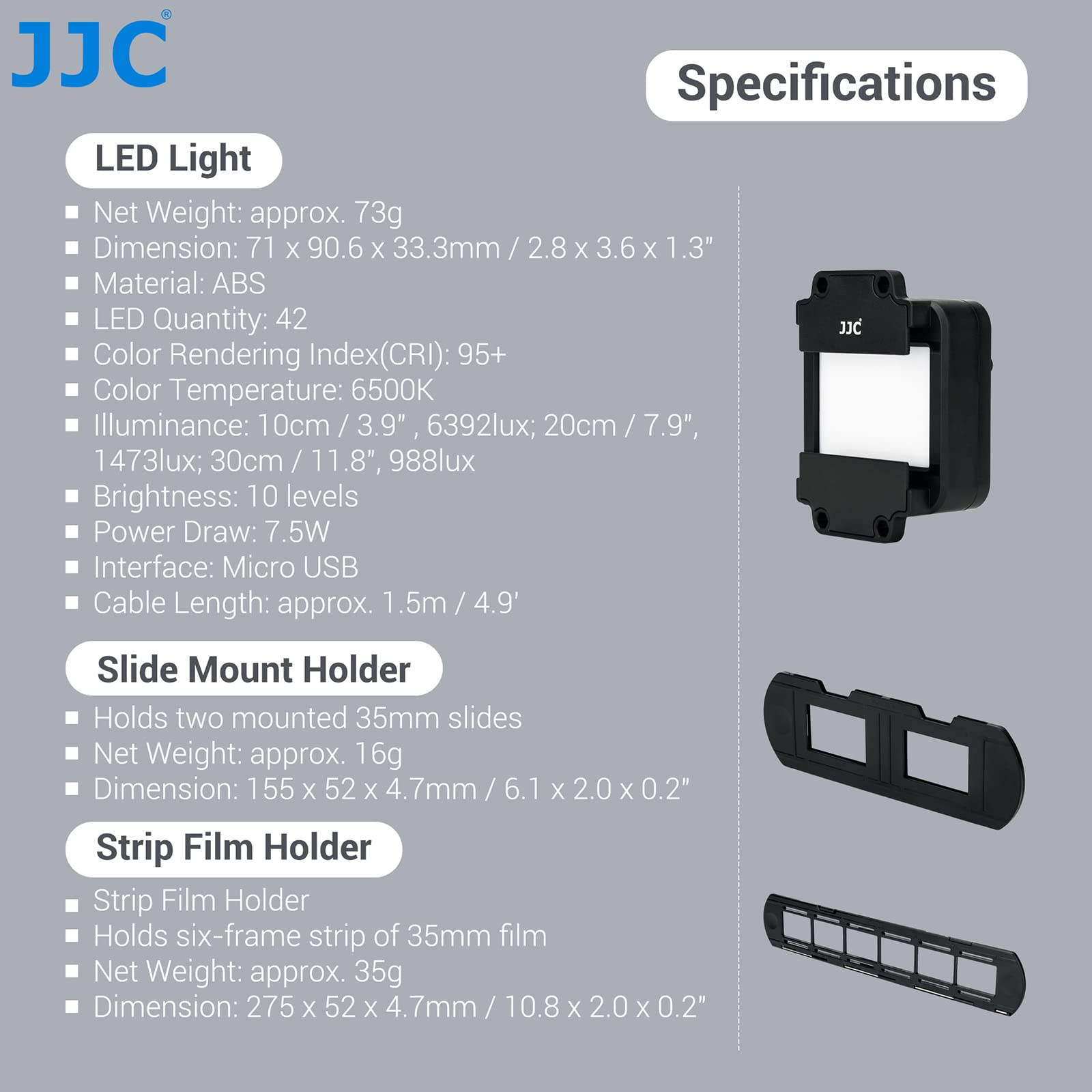 JJC Slide & Film Remake, avec Support de Montage pour Diapositive 1 x 35 mm, 1 Support de Film en Bande et Lumière LED, Ensemble de Lumière LED 6500K à 10 Niveaux pour la Copie Négative