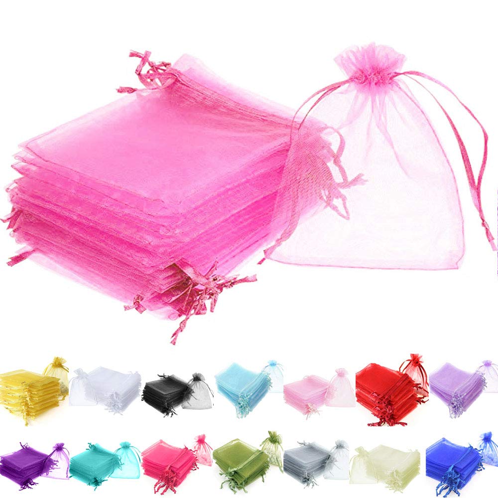 Time to Sparkle 50 Pieces Pouches Organza Gift Bags Oragnza Wedding Favour Bags Jewellery Packing (Pink, 10x15cm)