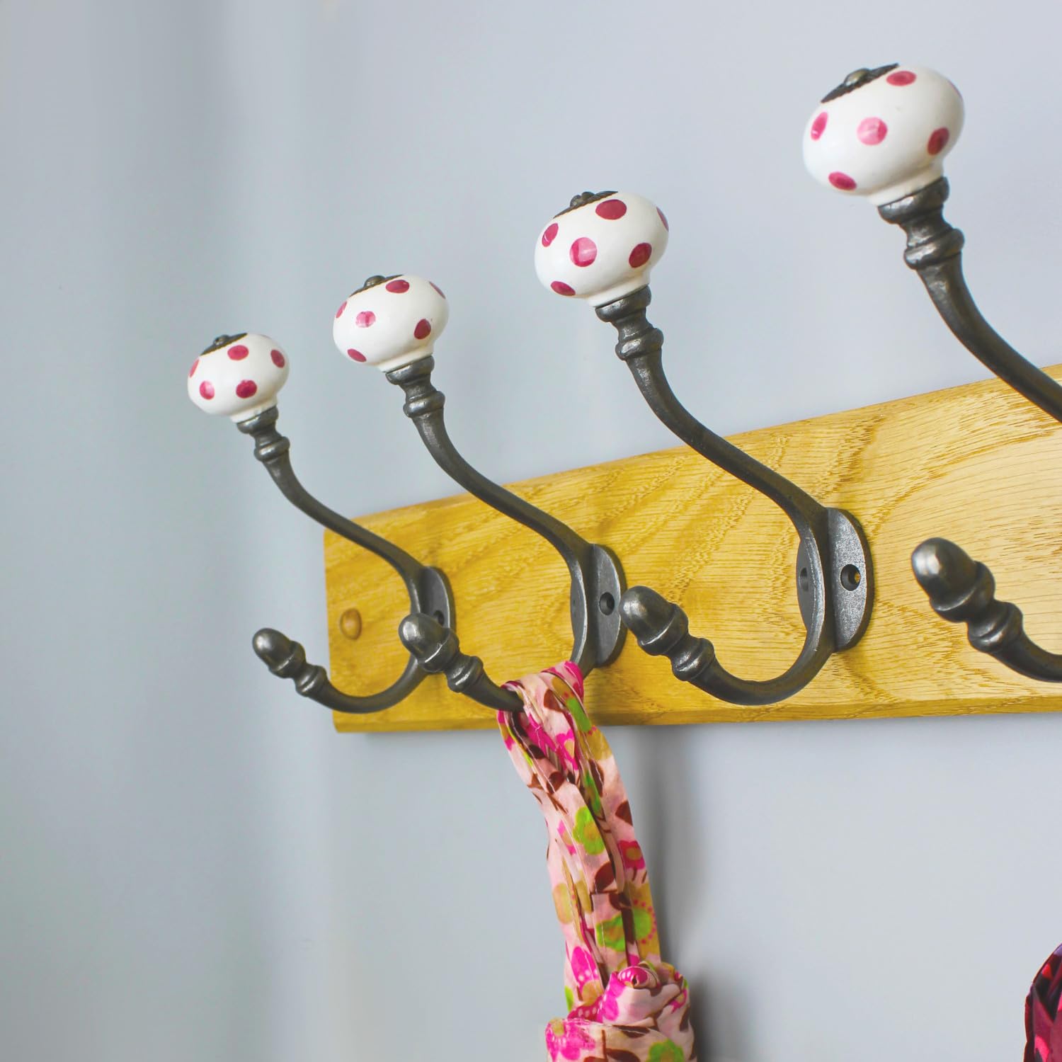 Oakcrafts Hand Finished Antique Cast Iron with Ceramic Pink Polka Dot Coat Hooks - Pack of 4