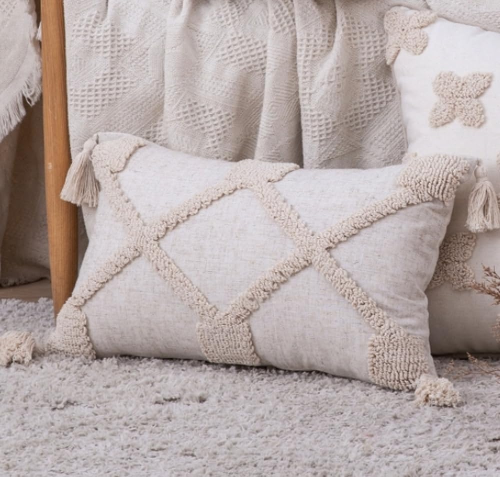 Oscars Emporium Boho Criss Cross Macrame Decorative Cushion Cover Pillow Cover Square Rectangle Cream Beige 45cm x 45cm / 30cm x 50cm (30cm x 50cm Rectangular)