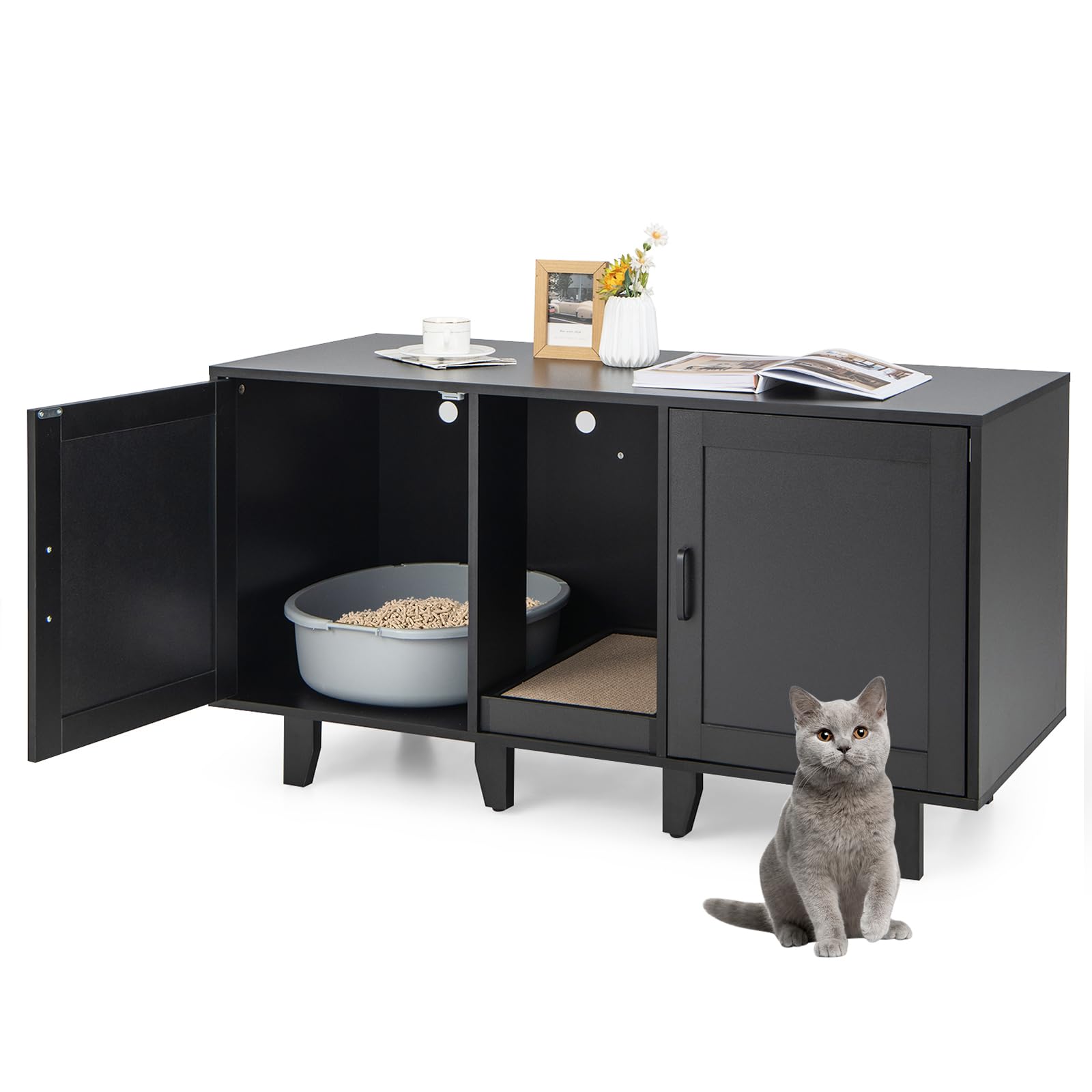 SOARS Mobile Lettiera per Gatti con 2 Ante, Armadio per Gatto in Legno con Ingresso Centrale e Tiragraffi, Grotta Rifugio Multiuso per Soggiorno e Camera da Letto, 120 x 52 x 65 cm (Nero)