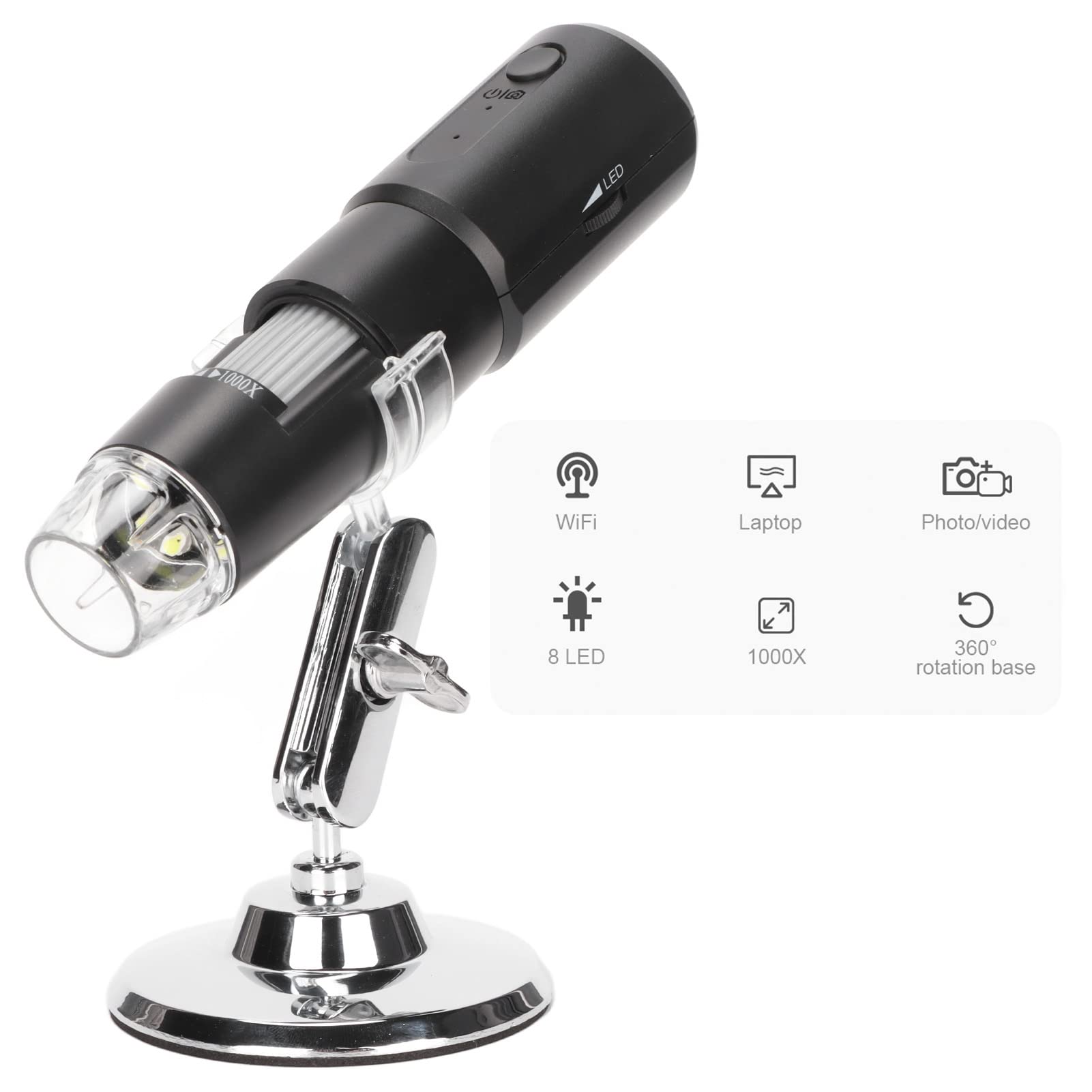 Microscopio Digital de 50X a 1000X, Microscopio USB, Cámara de Microscopio, Microscopio Digital Inalámbrico, USB, Mini Microscopio de Mano Negro con 8 Luces LED para PC,
