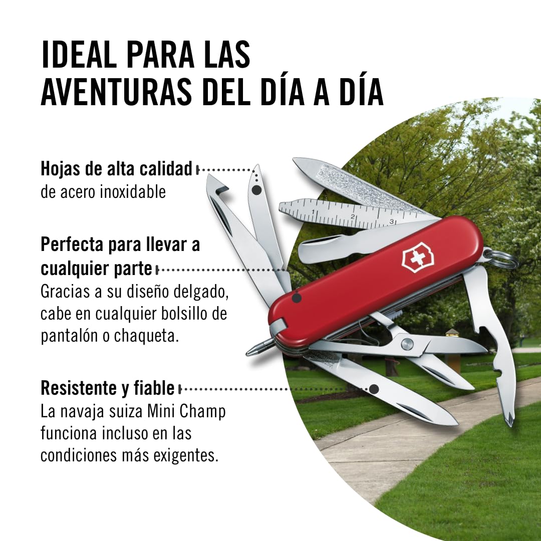 VICTORINOX Navaja suiza de bolsillo Mini Champ, pequeña, Hecha en Suiza, multiherramienta con abrecartas, abrebotellas, pelacables