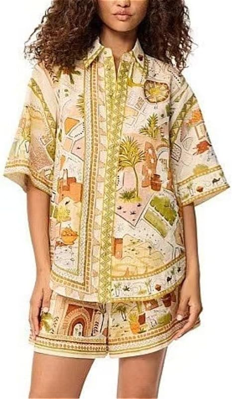 Women's Printed Short-Sleeve Shirt and Shorts Beach Set