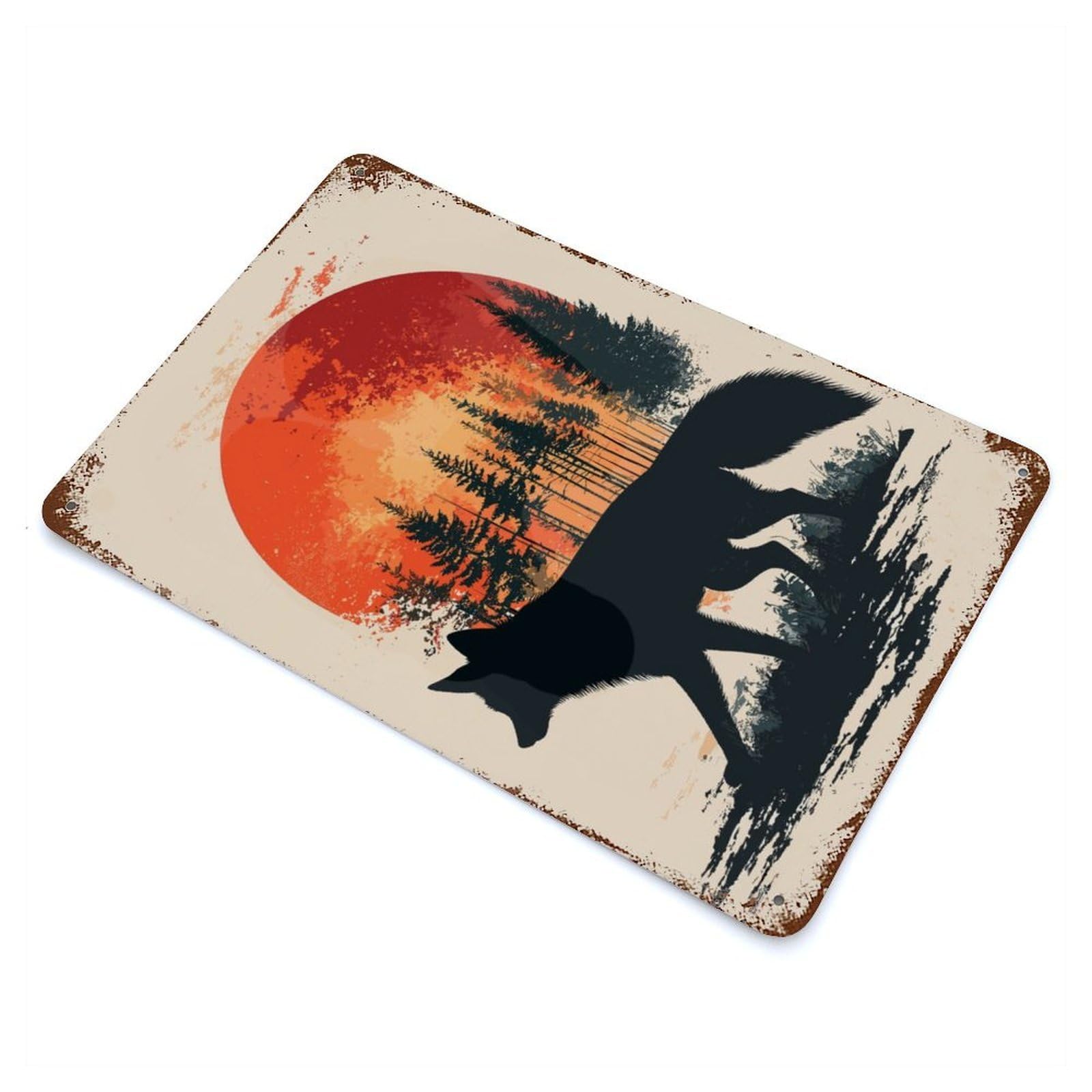 Fox Silhouette Sunset Decorative Tin Sign 11.8"x7.9", Retro Wall Decor for Living Room, Hallway And Home Decor