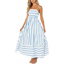 chouyatou Womens Striped Back Smocked Maxi Dress Sexy Spaghetti Strap Cut Out Flowy Swing Long Dress