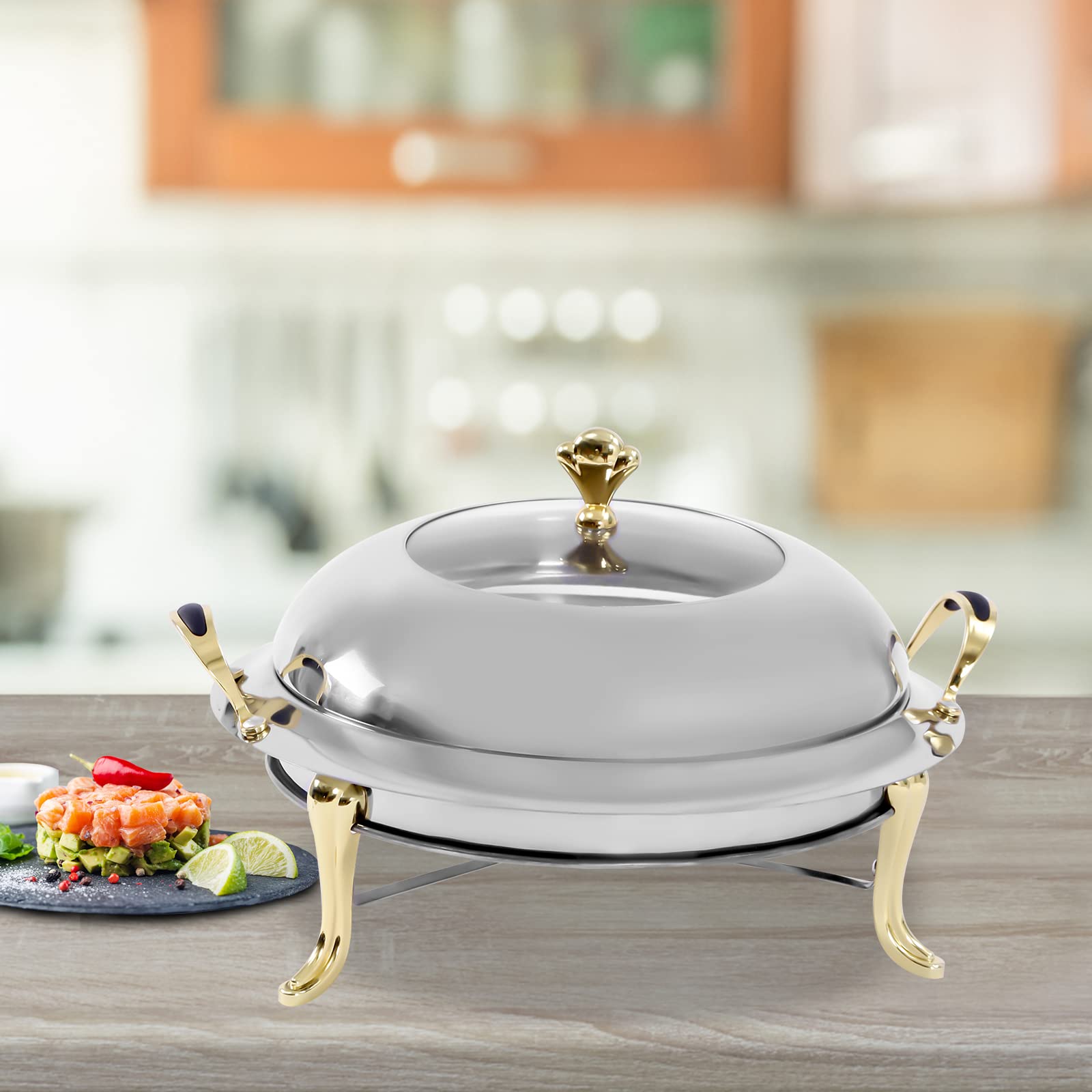 Chafing Dish in acciaio inox, rotondo, durevole, con coperchio e porta combustibile, per cucina, feste, cibo, buffet, senza acqua