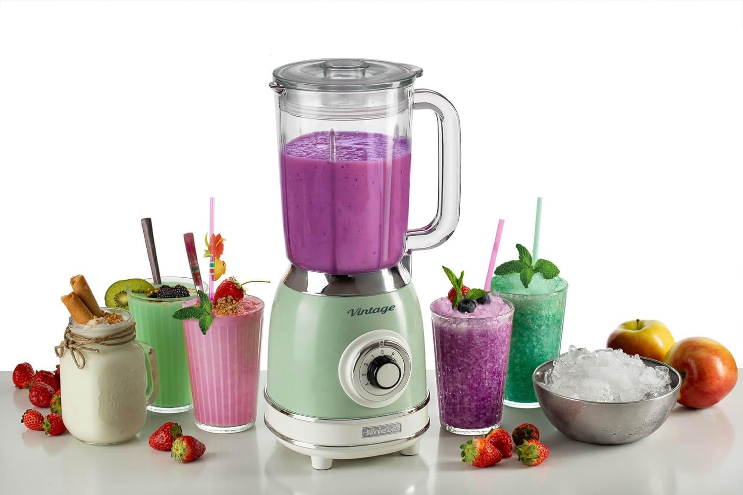 Ariete Mixeur en Verre Vintage 583, Blender Multifonctionnel avec 4 Lames, 4 Vitesses + Impulsion, Fonction Broyeur de Glace, Capacité de 1,5 Litre, 1000W, Vert