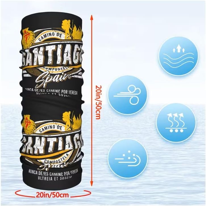 Camino de Santiago Tube Scarf Black/Gold Pilgrim Multifunctional Scarf Neck Warmer with Santiago Motif Bandana Outdoor & Hiking Accessories