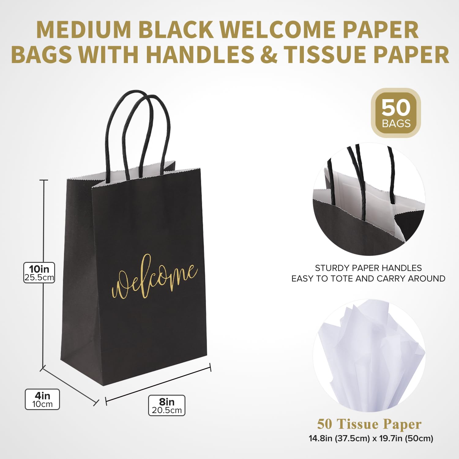 50 Pack Small Welcome Gift Bags With Tissue – 9x5.5x3.15 Inch Black Bags For Weddings, Parties & Favors