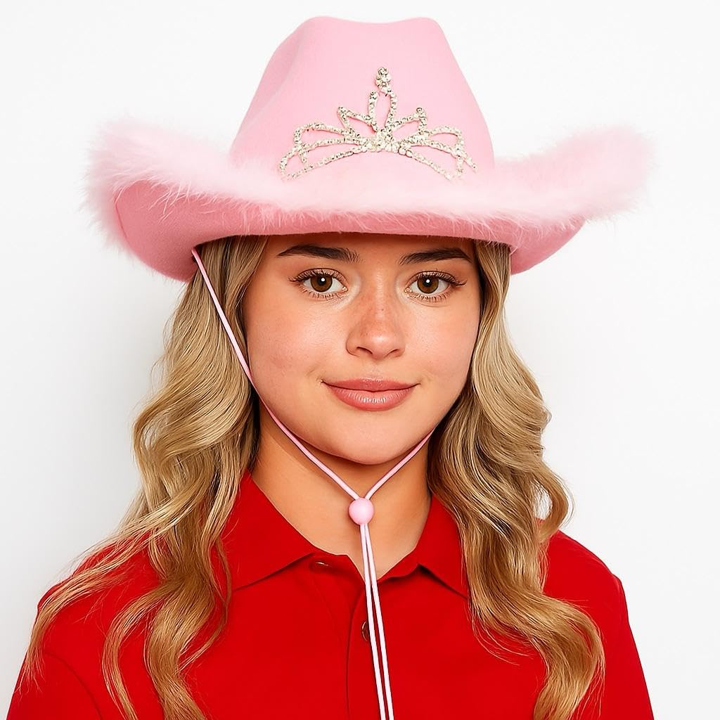 labreeze Fabuloso sombrero de vaquero rosa con ribete esponjoso, el accesorio perfecto para despedidas de soltera, fiestas de disfraces, festivales y uso diario