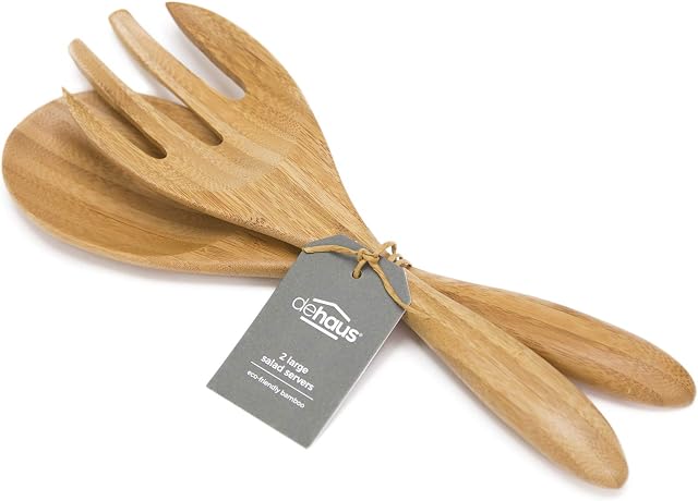 Dehaus® Large Bamboo Salad Servers 30.5cm, Eco Friendly Wooden Serving Spoons Set, Fork and Spoon Tongs, Wood Kitchen Utensil (12 inches Approx)
