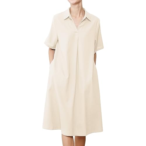 Minibee Women's Linen Shirt Dress Plus Size V Neck Short Sleeve Casual Summer Swing Midi Dresses
