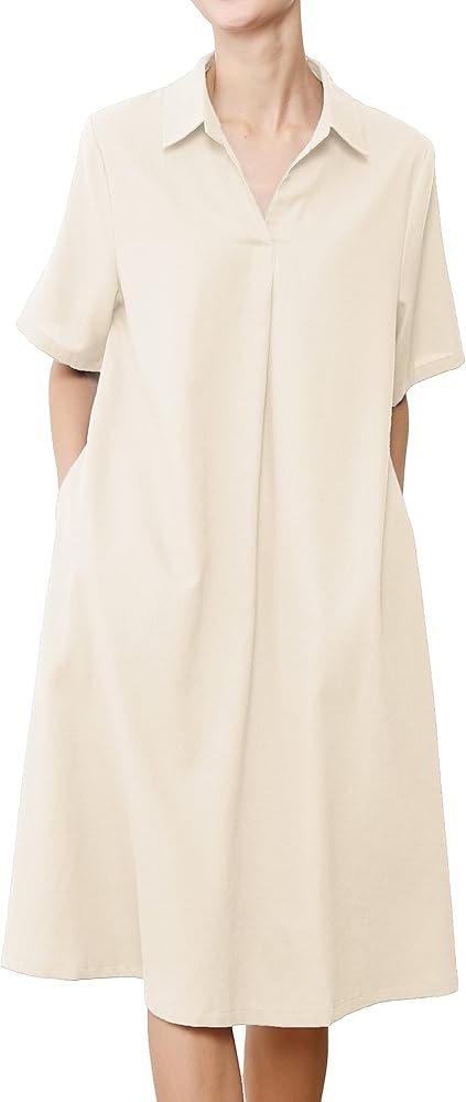 Minibee Women's Linen Shirt Dress - Plus Size V Neck Short Sleeve Summer Midi Dress